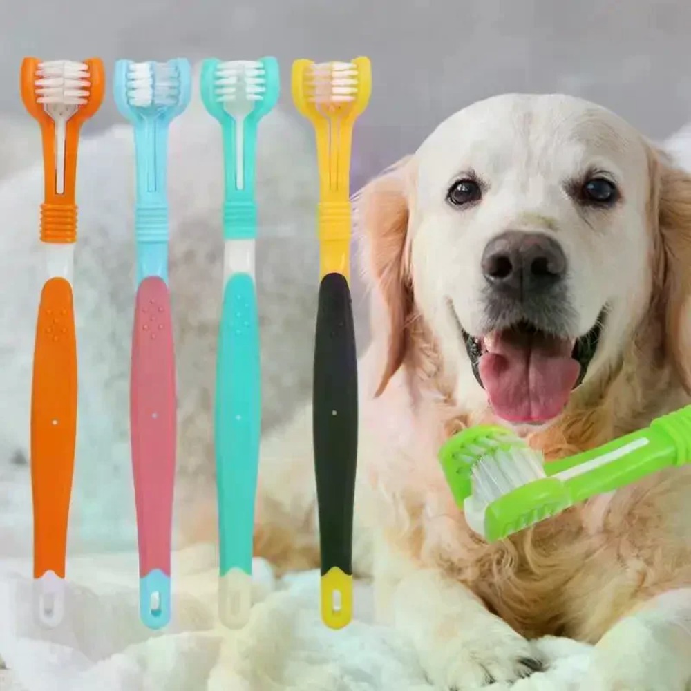 Teeth Whitening Mouthwash - 3面ペット歯ブラシ犬猫歯科口腔ケアブラシ口臭歯石除去プラスチック歯磨きツール犬用