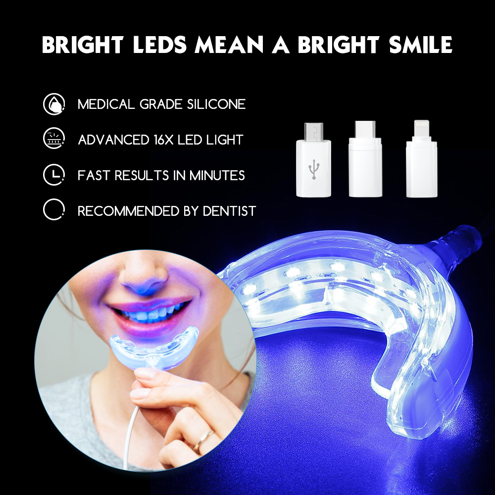 Teeth Whitening Pens - Luxsmile-歯のホワイトニングペン,LEDライト付きUSB充電器,16個のLEDライト,青,歯のホワイトニングジェル
