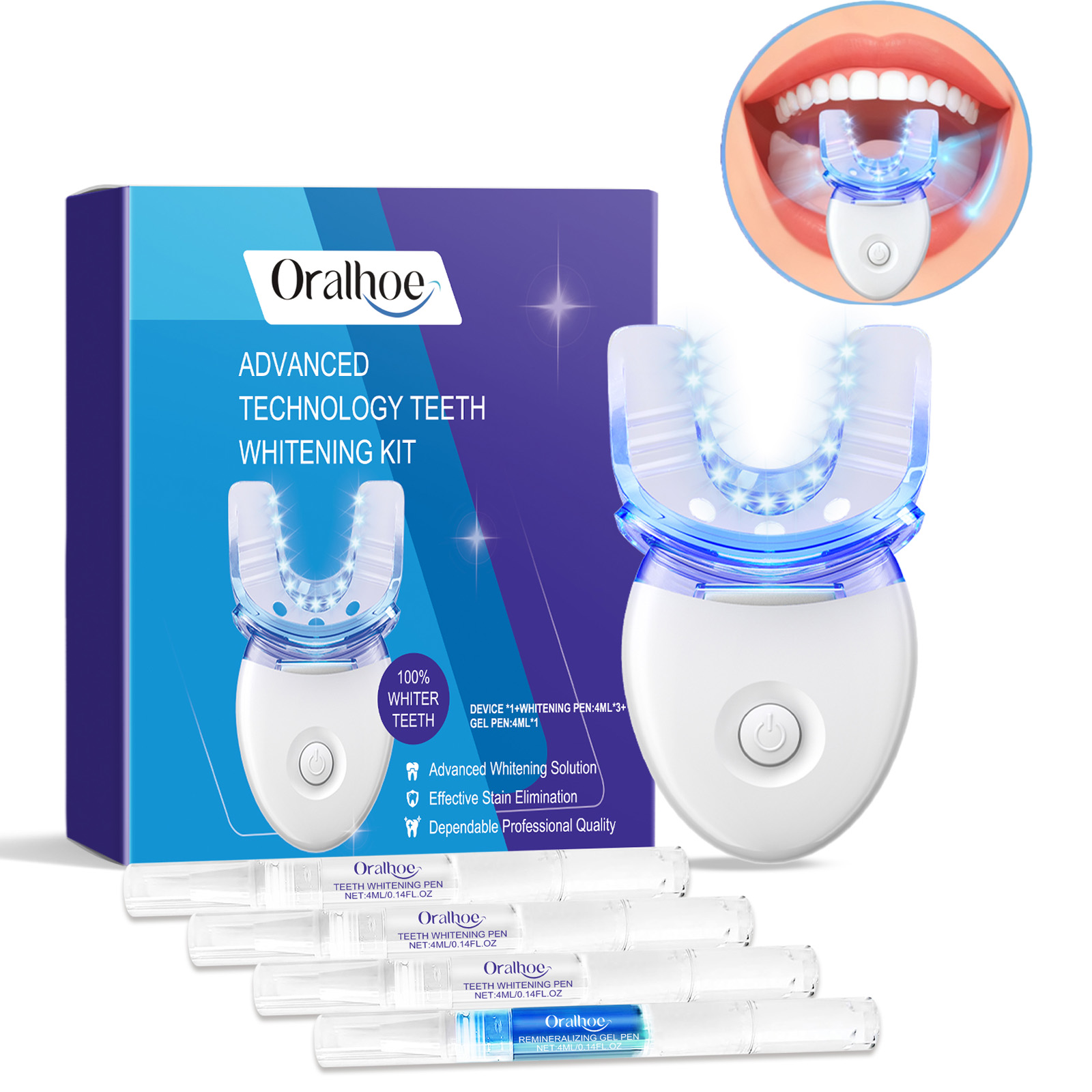 Teeth Whitening Kit - プロフェッショナルな歯のホワイトニングLEDライトキット、4倍のホワイトニングジェル、加速ホワイトニングシステム、白い笑顔のためのブルーライトツール